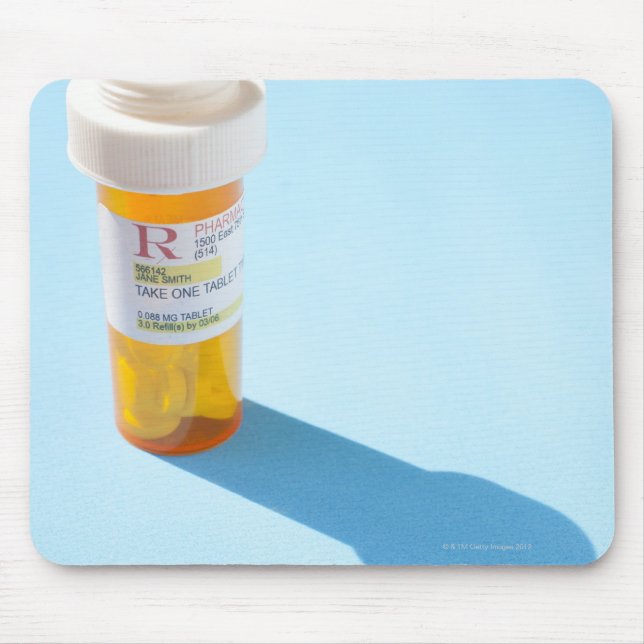 Pill flaska fullt of medicin musmatta (Framsidan)