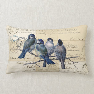 Pillen Bluebirds Fransk Postcard Lumbarkudde