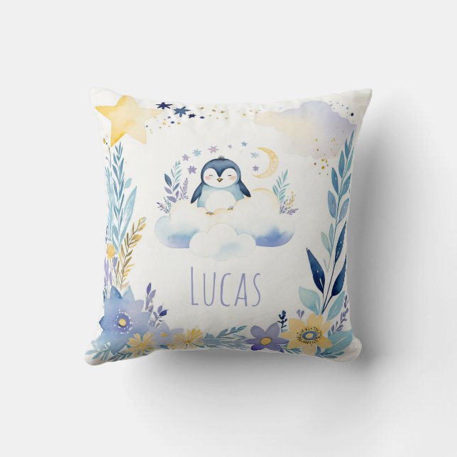 Pillow Baby Penguin Boho Namn Nursery Pillow Kudde (Baksida)