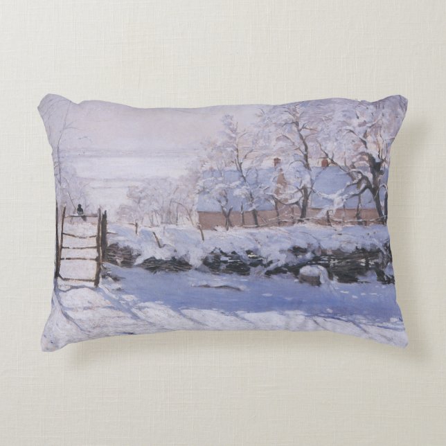 Pillow Claude Monet, Magpie Winter Snö Bird Prydnadskudde (Framsidan)
