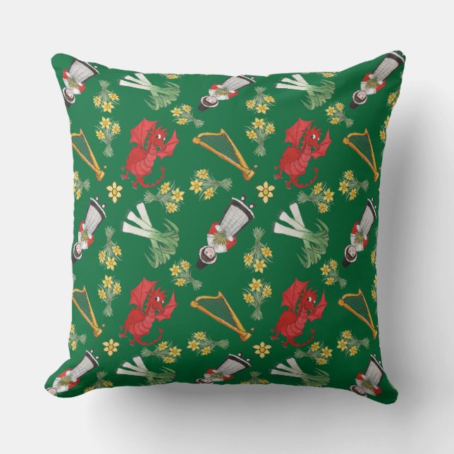 Pillow, Cushion: Welsh Daffodils Dragon Leeks Harp Kudde (Framsida)