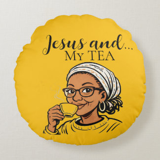 Pillow depicting Jesus and My Tea Rund Kudde