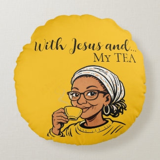Pillow depicting Jesus and My Tea Rund Kudde