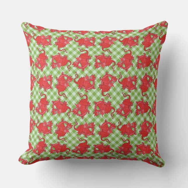 Pillow eller Cushion Cute Red Dragon på Grönt Ging Kudde (Framsida)