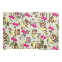 Pillow Fodral Monkey Bananas Rosa Hearts Blommigt