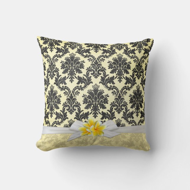 Pillow för exotisk Gult Plumeria Damask Kudde (Framsida)
