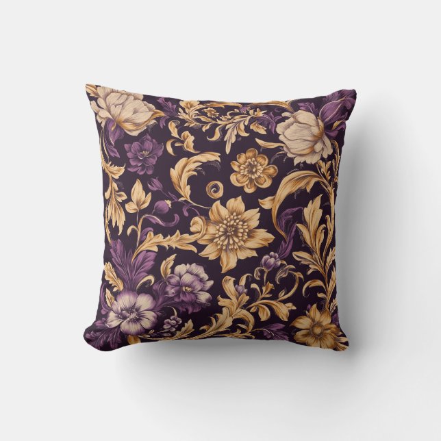 Pillow för lila och Guld Blommigt Kudde (Framsida)