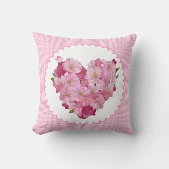 Pillow-hjärta i rosa sherry-blomman kudde (Framsida)