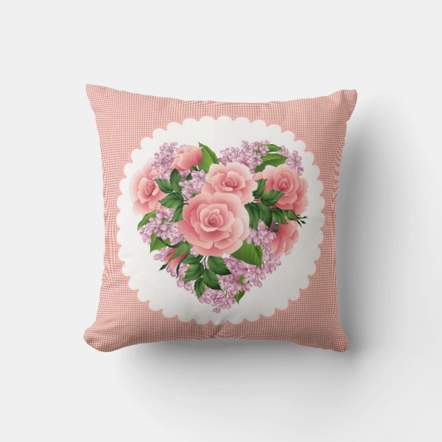 Pillow-hjärtat i rosa ros & lilac-blomman kudde (Framsida)