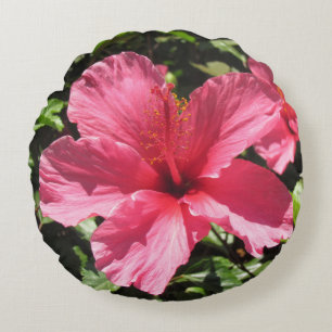 Pillow - Rosa Hibiscus Blommar Rund Kudde