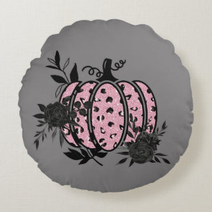 Pillow, Rosa och svart Blommigt/Leopard Pumpkin Rund Kudde