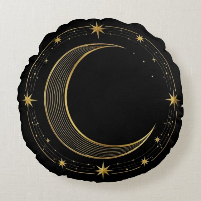 Pillow Round Luxury Black Gold Celestial Moon Rund Kudde (Framsidan)
