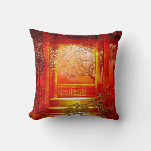 Pillows Asian Guld Red Bamboo Blommar Kudde