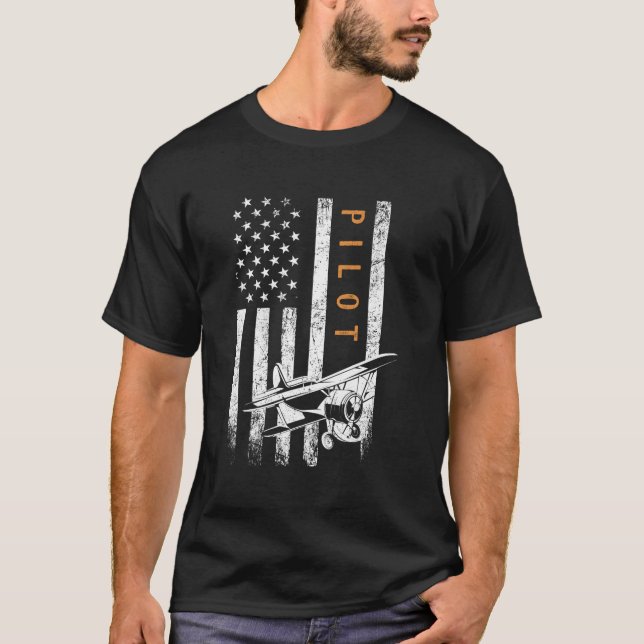 Pilot American Flagga Airplan Design Aviation T Shirt (Framsida)