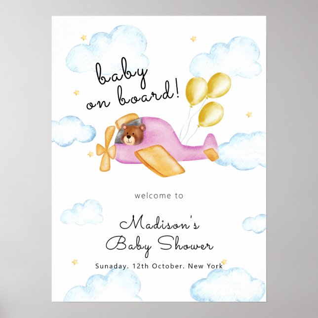 Pilot Bear Balloon Airplane Baby Shower Welcome  Poster (Framsidan)