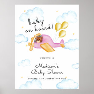 Pilot Björn Ballong Flygplan Baby Shower Välkommen Poster