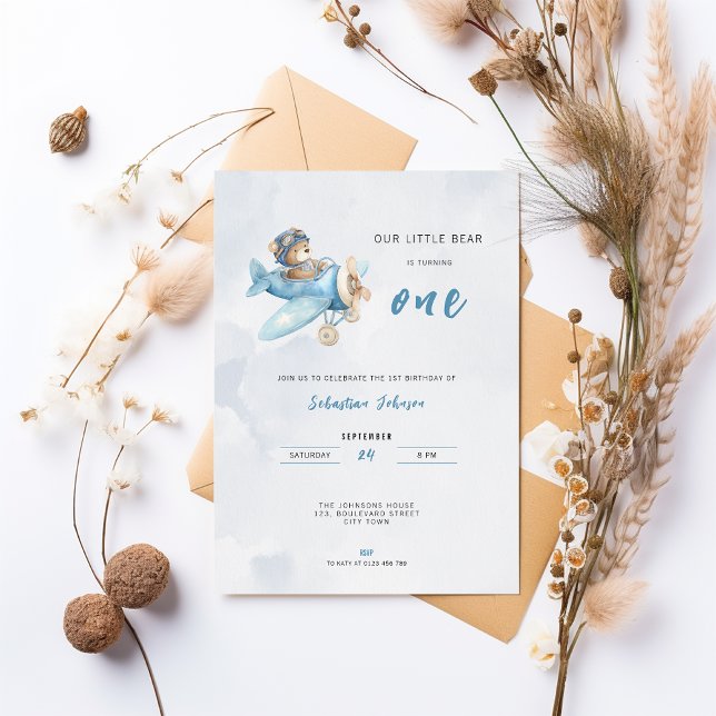 Pilot Björn Flygplan 1-års Födelsedagsinbjudan Inbjudningar (Cute Pilot Plane 1st birthday invitation for boys
)