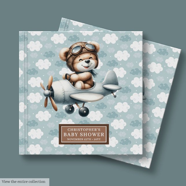 Pilot Boy Decor för Nallen för gästgästen Bok (Baby Shower Guest Book Teddy Bear Pilot Boy Decor)