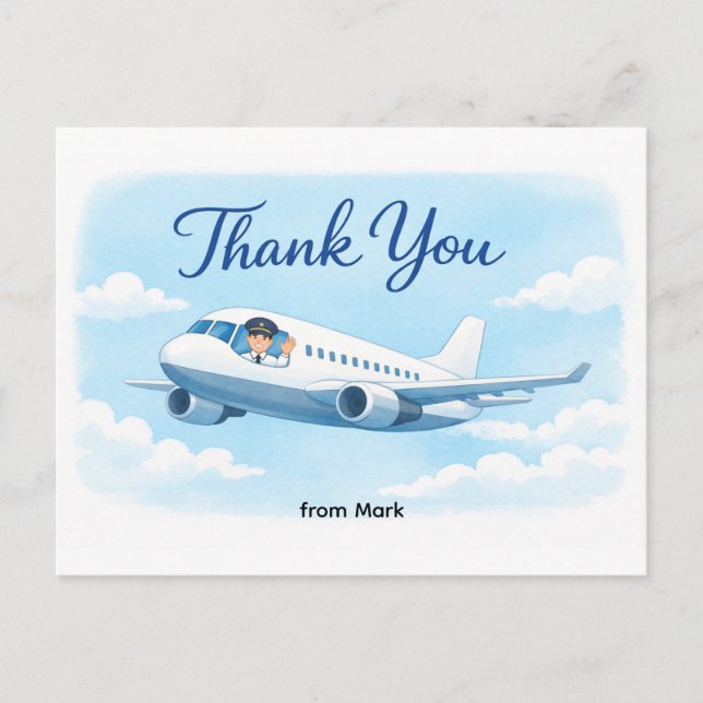 Pilot flyger i himlen med text Tack  Vykort (Framsida)