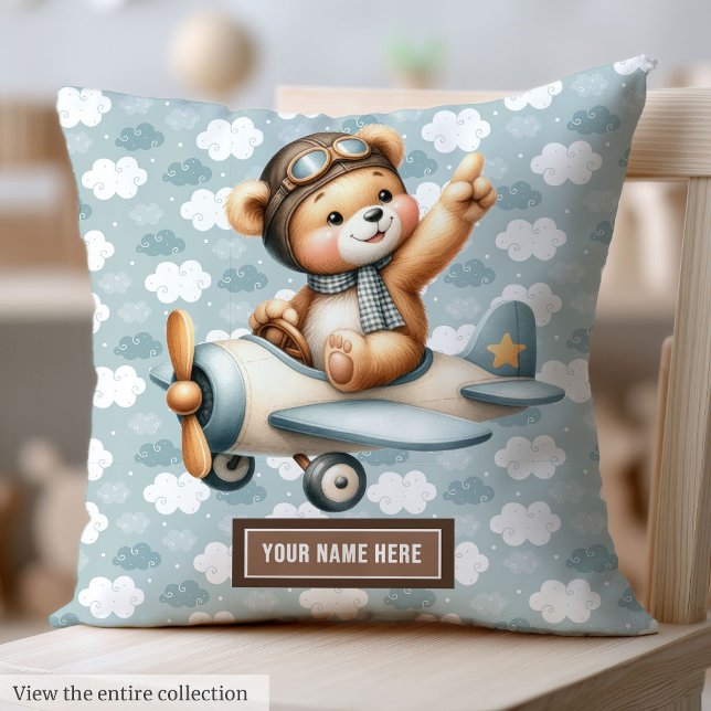 Pilot för den blå Nallen Baby Pillow Newborn Gift Kudde (Blue Teddy Bear Pilot Baby Pillow Newborn Gift)