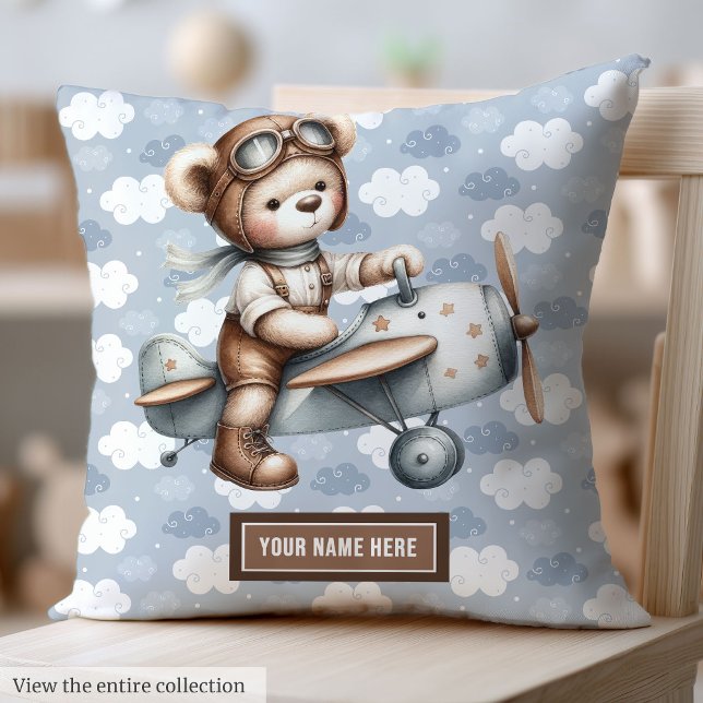 Pilot för Nalle av presentationsskugga för Personl Kudde (Baby Shower Gift Personalized Teddy Bear Pilot Throw Pillow)