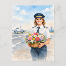 Pilot holds flowers standing on runway  vykort