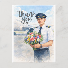 Pilot holds flowers standing on the runway  vykort