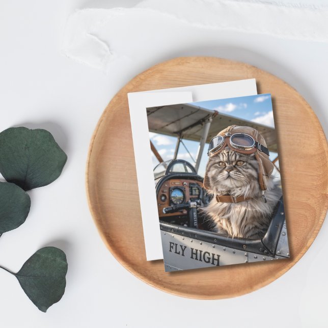 Pilot Katt Flygplan Flyg Högt Humor Rolig Födelsed Vykort (Front )