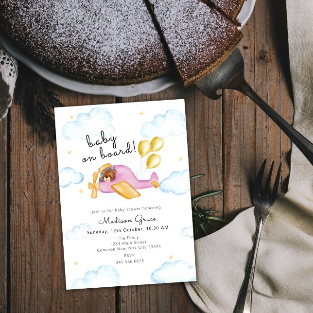 Pilot Nalle Balloon Airplan Baby Shower Inbjudningar (Pilot Teddy Bear Balloon Airplane Baby Shower Invitation)