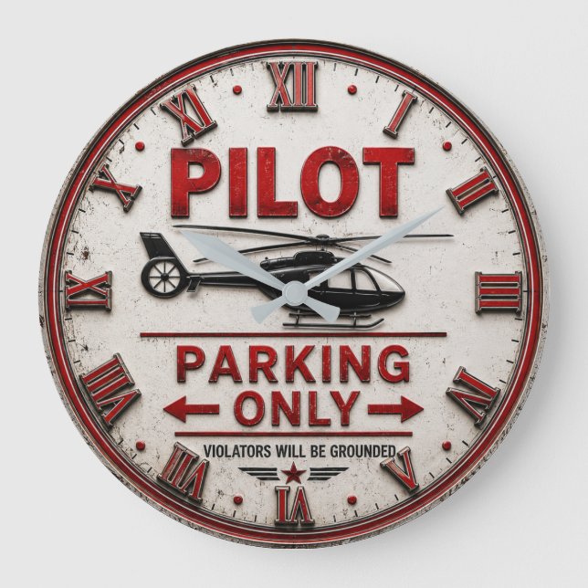 Pilot Parking Only Helicopter Aviation Hangar  Stor Klocka (Framsida)