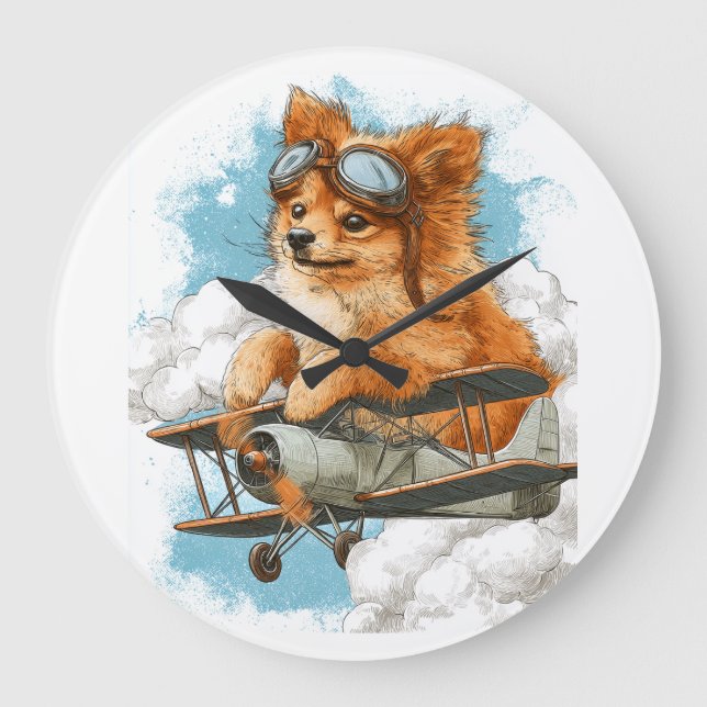 Pilot Pomeranian � Flygande Ess Hund Stor Klocka (Framsida)