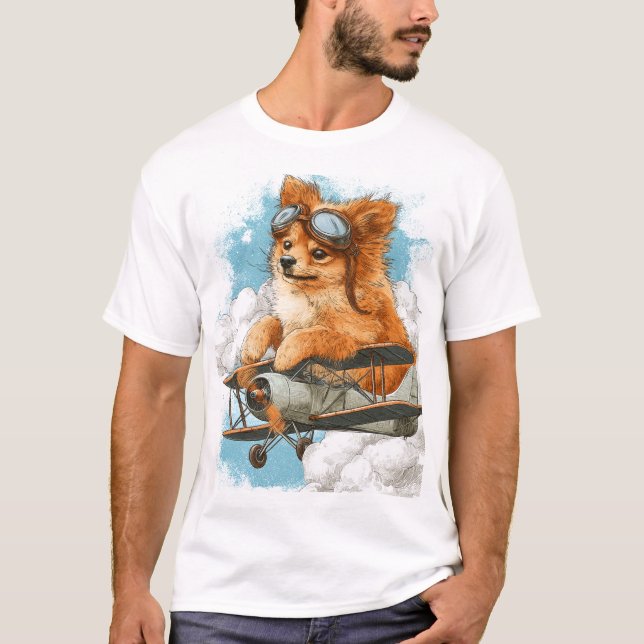 Pilot Pomeranian � Flygande Ess Hund T Shirt (Framsida)