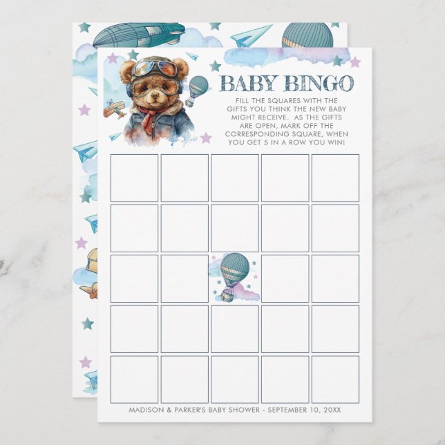 Pilot Teddy Bear Baby Shower Baby Bingo på svenska Inbjudningar (Fram/baksida)