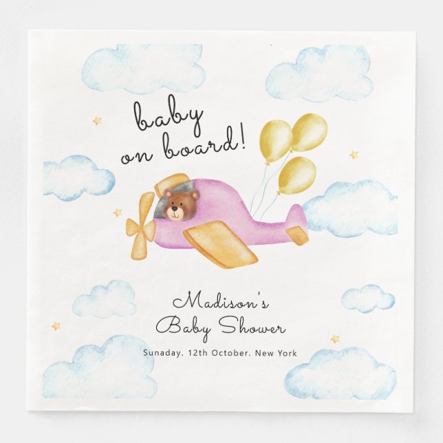 Pilot Teddy Bear Ballong Flygplan Baby Shower  Pappersservett (Framsida)