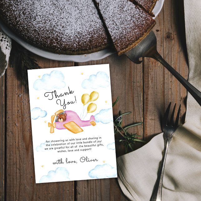 Pilot Teddy Bear Balloon Airplane Baby Shower  Tack Kort (Pilot Teddy Bear Balloon Airplane Baby Shower Thank You Card)