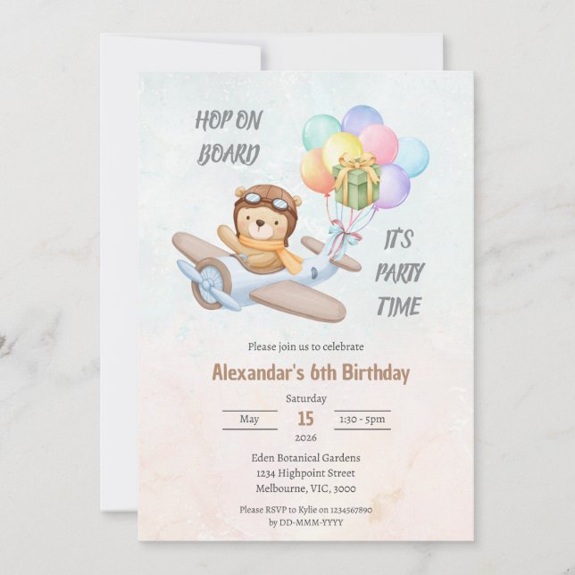 Pilot Teddy Bear Birthday Invitation Inbjudningar (Framsida)