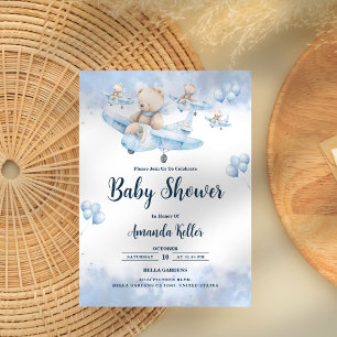 Pilotbjörn i Himmel - Blue Baby Shower Inbjudningar