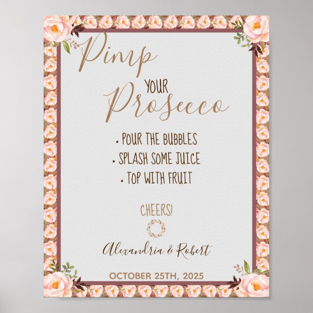 Pimpa din Prosecco Rosa Blommiga Ram Bröllop  Poster (Framsidan)