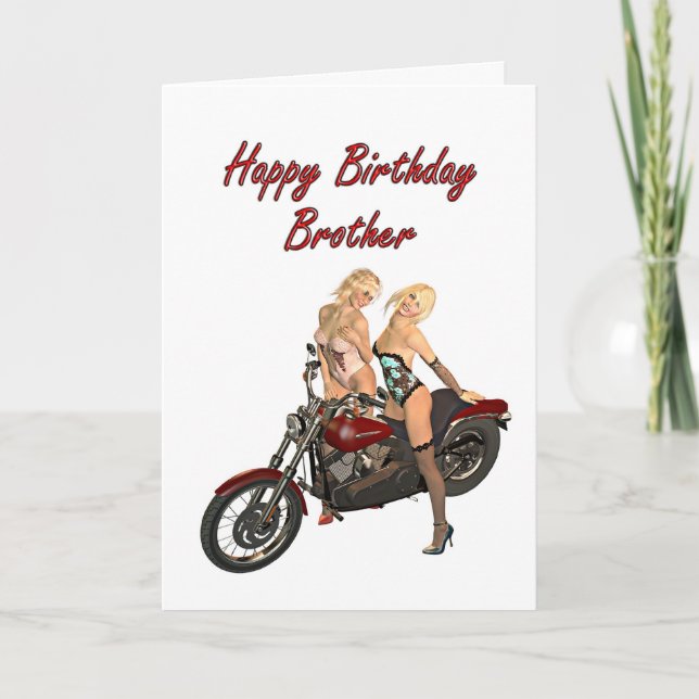Pin-up biker girls birthday card for Brother Kort (Framsida)