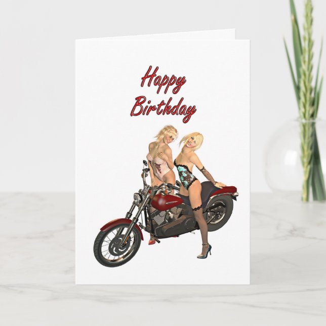 Pin-up biker girls birthday card kort (Framsida)