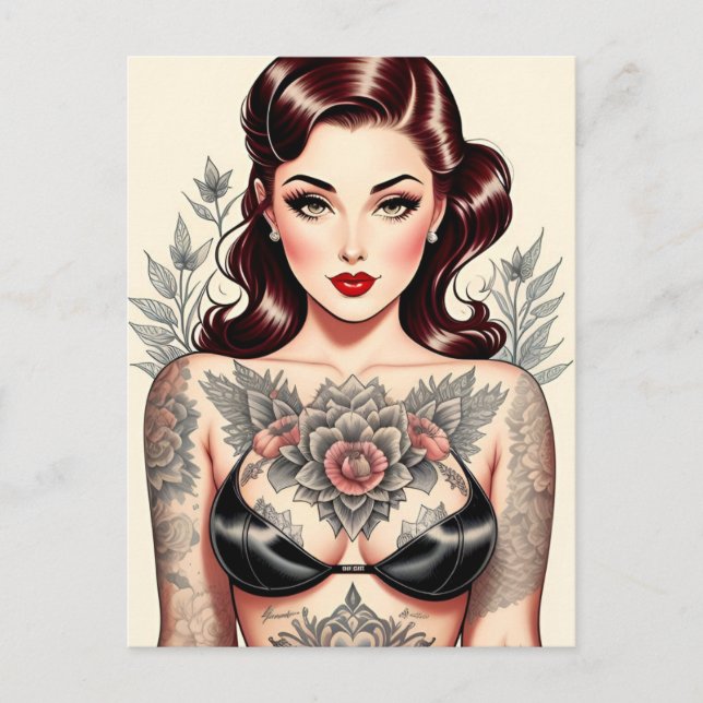 PIN UP Flicka med tatueringar POSTKORT Vykort (Framsida)