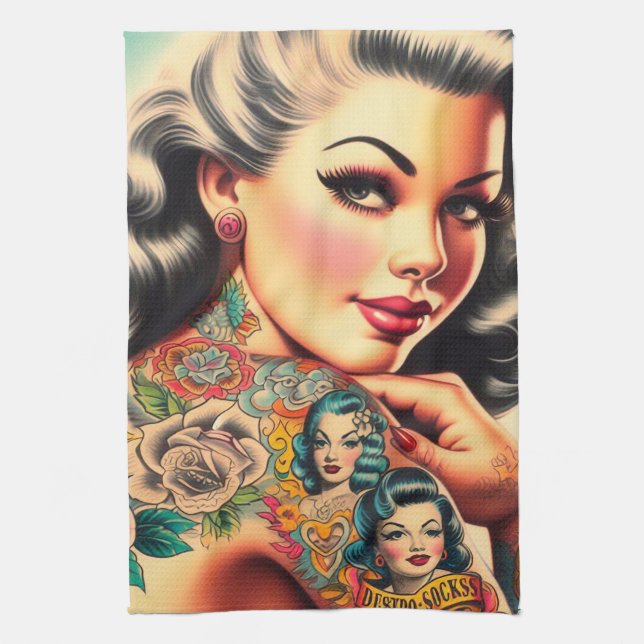 Pin-up för Tattoo-old school Kökshandduk (Vertikal)