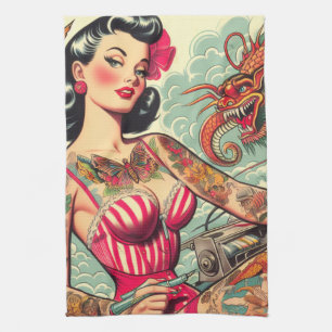 Pin-up för Tattoo-old school Kökshandduk