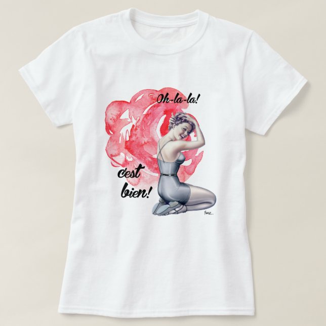 Pin-Up Girl med Blommigt Background Tee Shirt (Design framsida)