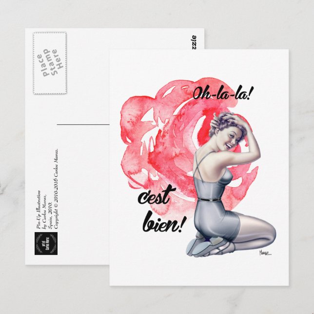 Pin-Up Girl med Blommigt Background Vykort (Fram/baksida)