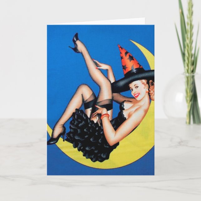 Pin-Up Girl Witch på Måne Halloween Card Kort (Framsida)