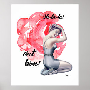 Pin-Up Girl with Blommigt Background Art Print Poster