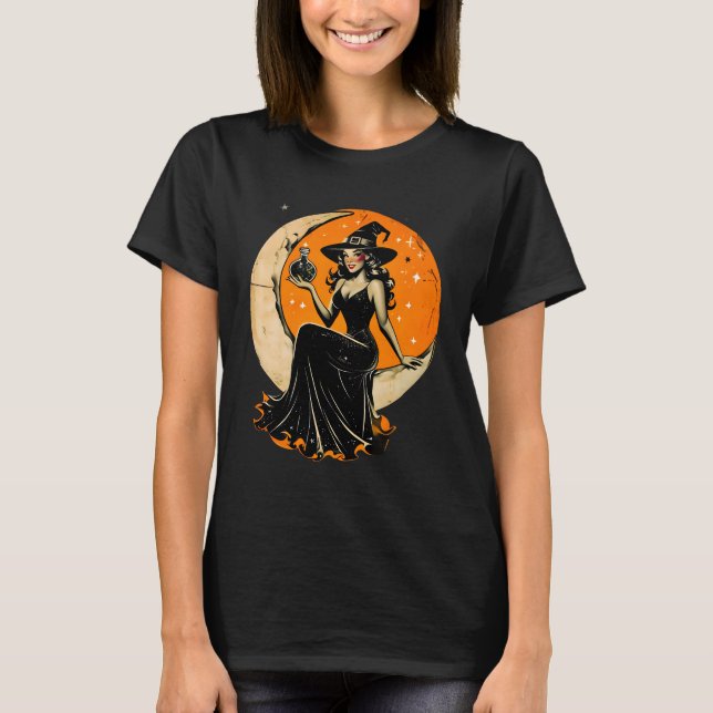 Pin-Up Witch - Vintage Halloween T Shirt (Framsida)