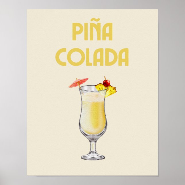 Pina Colada Gult Retro Cocktail Poster (Framsidan)