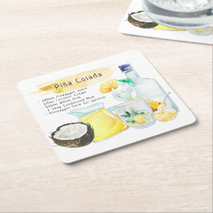 Piña Colada Watercolor Cocktail Recept Koppunderlä Underlägg Papper Kvadrat